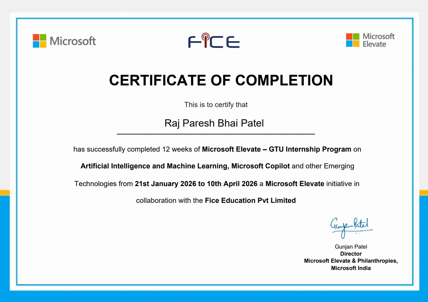 Microsoft Elevate GTU internship certificate